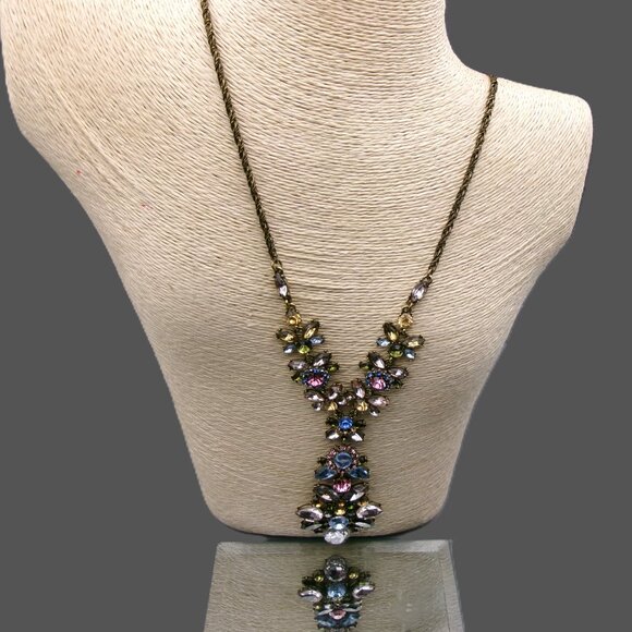 Joan Rivers Crystal Cluster Y Shaped Necklace Gold Bronze Plated Chain - Picture 1 of 9